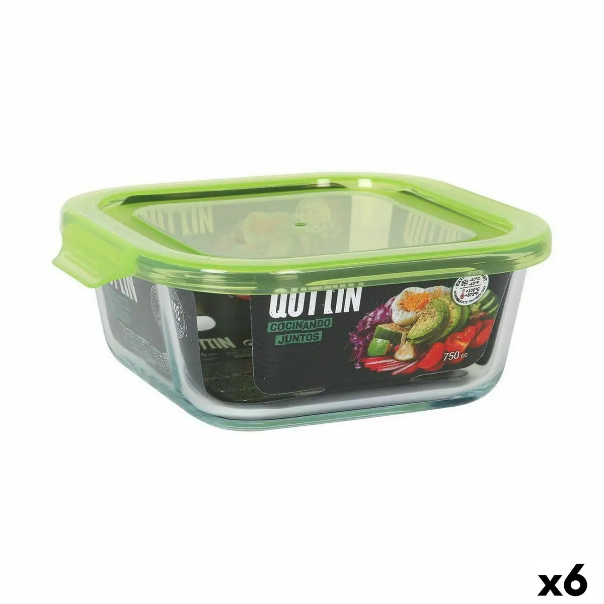 Porta Pranzo Quadrato con Coperchio Quttin Verde 750 ml (6 Unità)