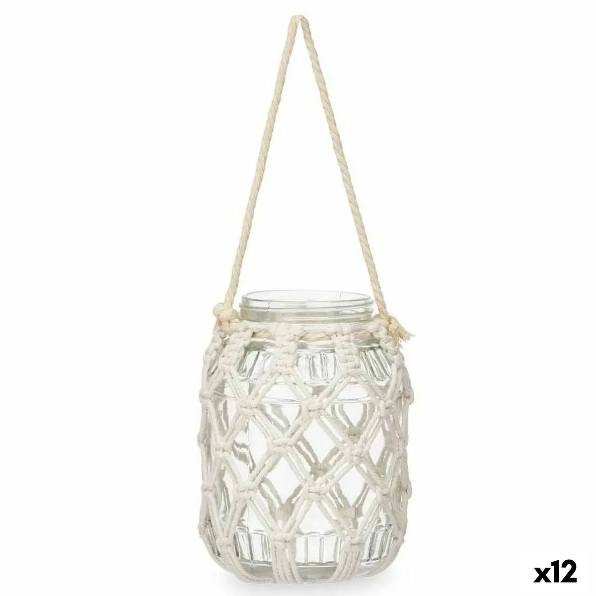 Portacandele Bianco Stoffa Vetro 15 x 20,5 x 15 cm (12 Unità) Macramé