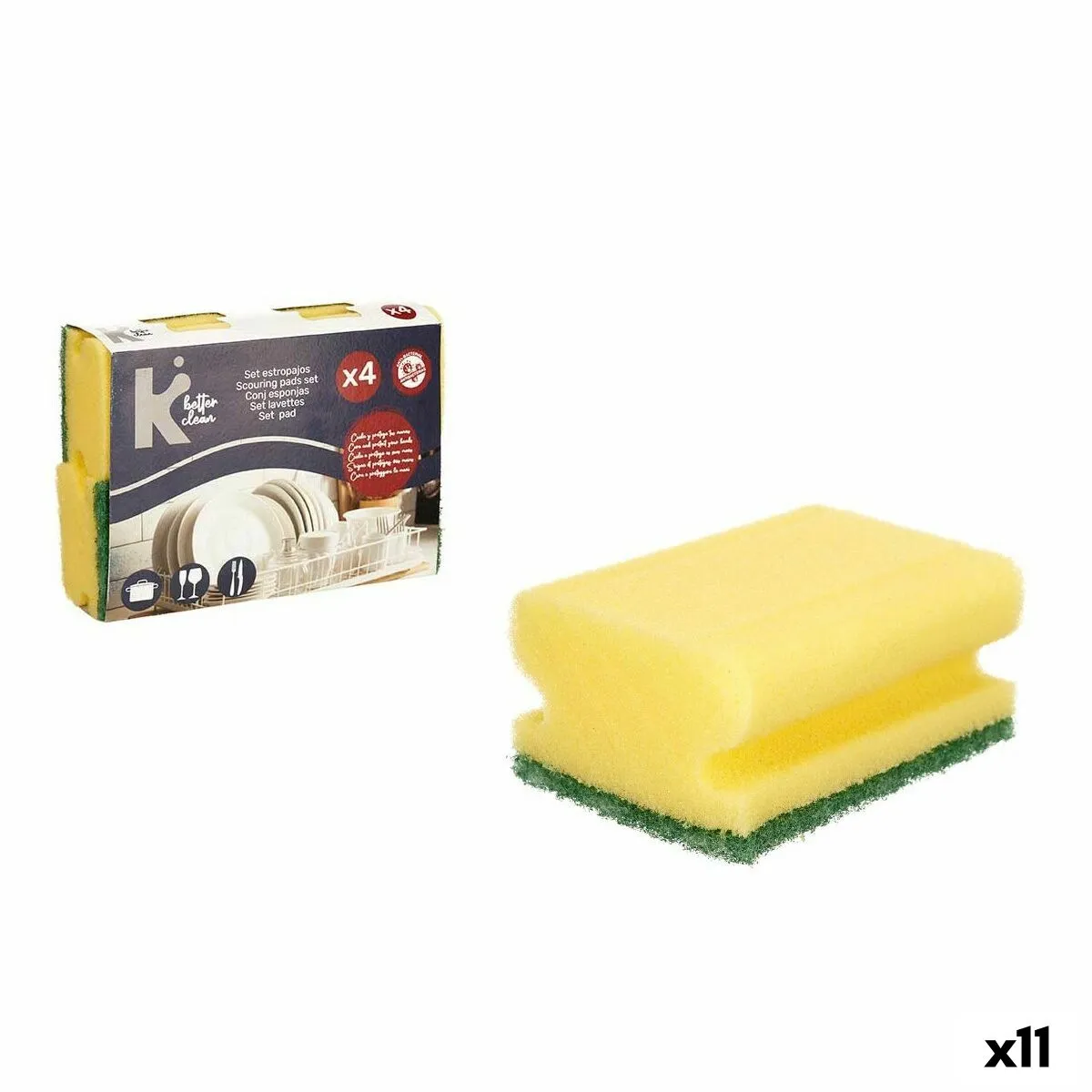 Set di spugne Giallo Verde Poliuretano Fibra abrasiva 4 Pezzi (11 Unità)