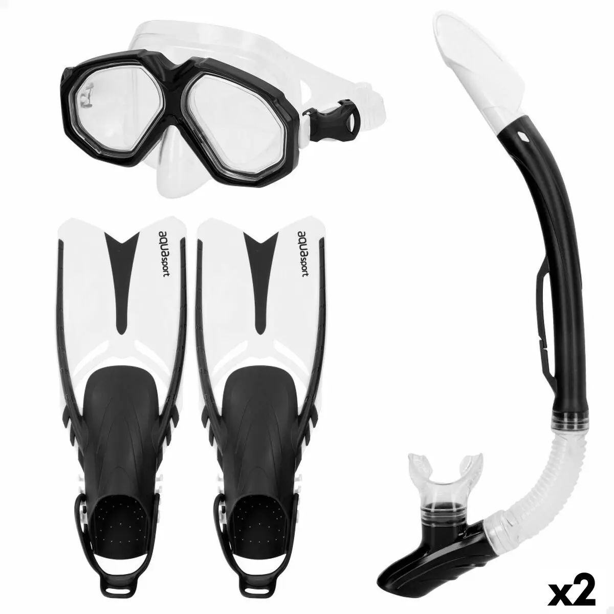 Maschera da Snorkeling con Boccaglio e Pinne AquaSport Nero Adulti (2 Unità)