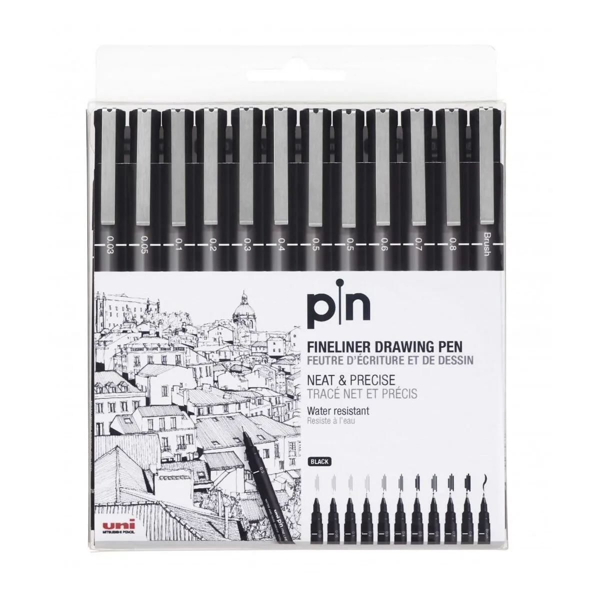 Set di Pennarelli Uni-Ball PIN-200(S) Nero 12 Pezzi Permanente