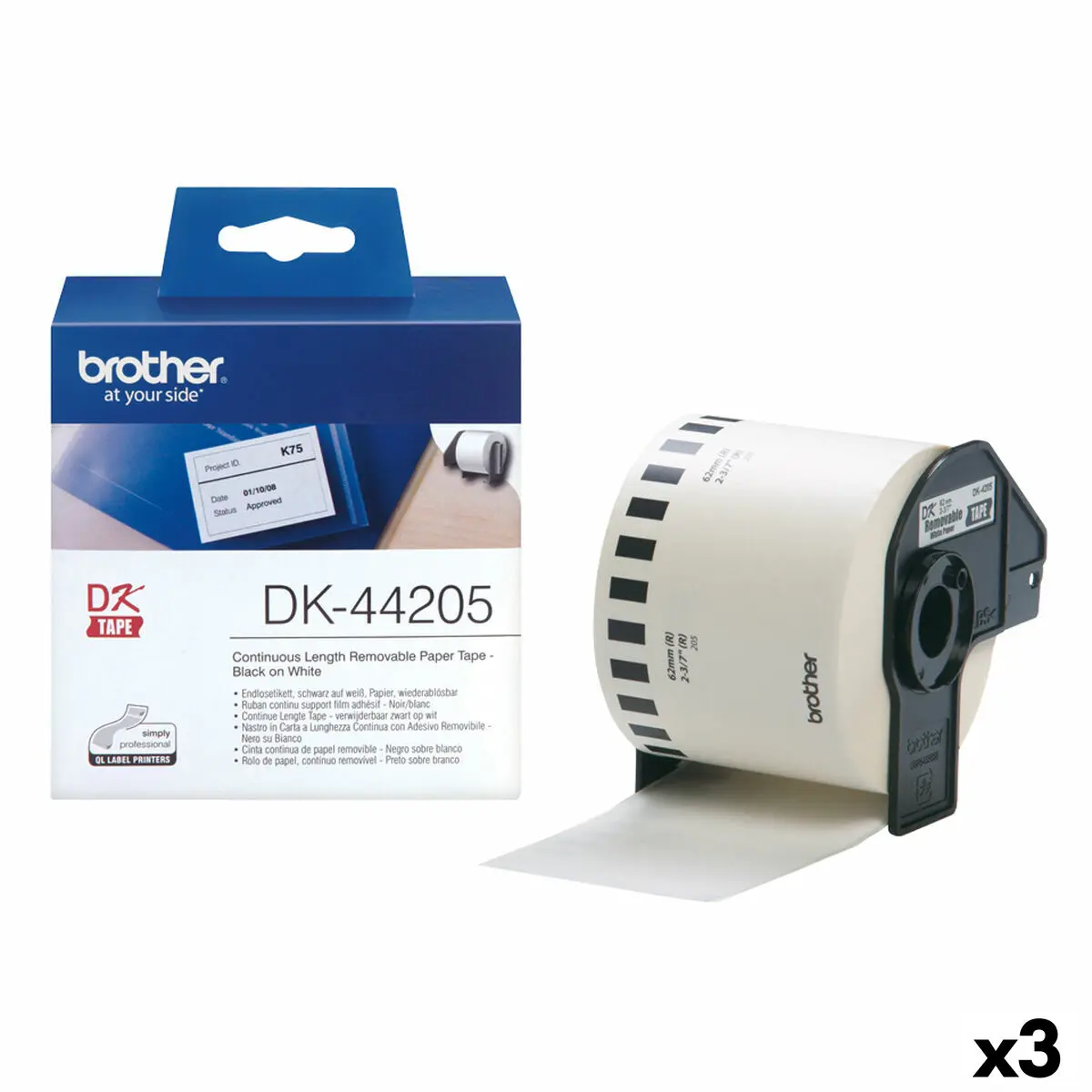 Etichette per Stampante Brother DK-44205 62 mm x 30,48 m Nero/Bianco (3 Unità)