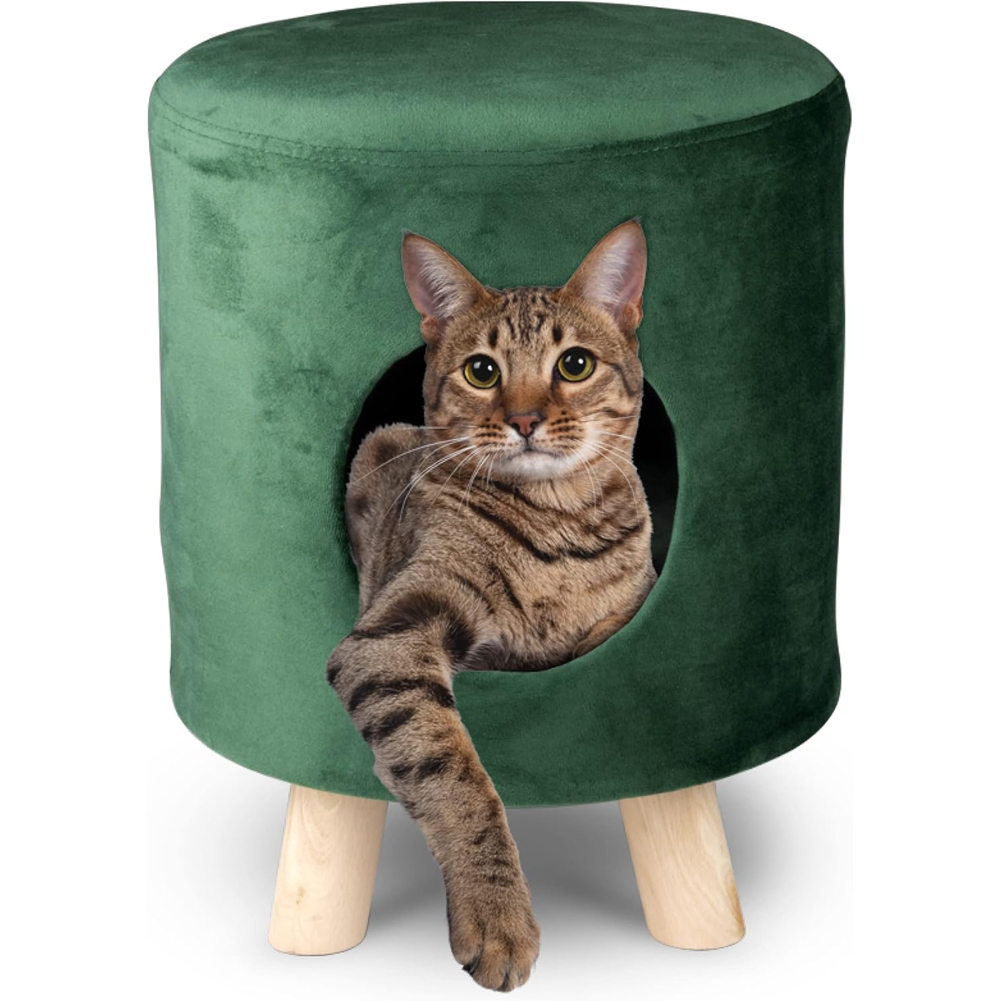 Sgabello con Cuccia per Gatti max 80kg Pouf in Velluto Verde 33x44cm Piedi Legno (1)