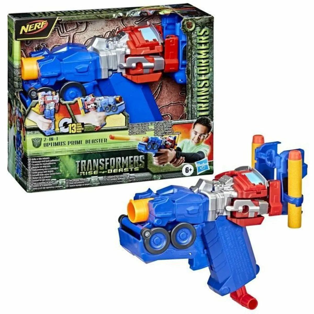 Super Robot Trasformabile Transformers Rise of the Beasts: Optimus Prime Nerf Blaster 2 in 1 Pistola a Freccette