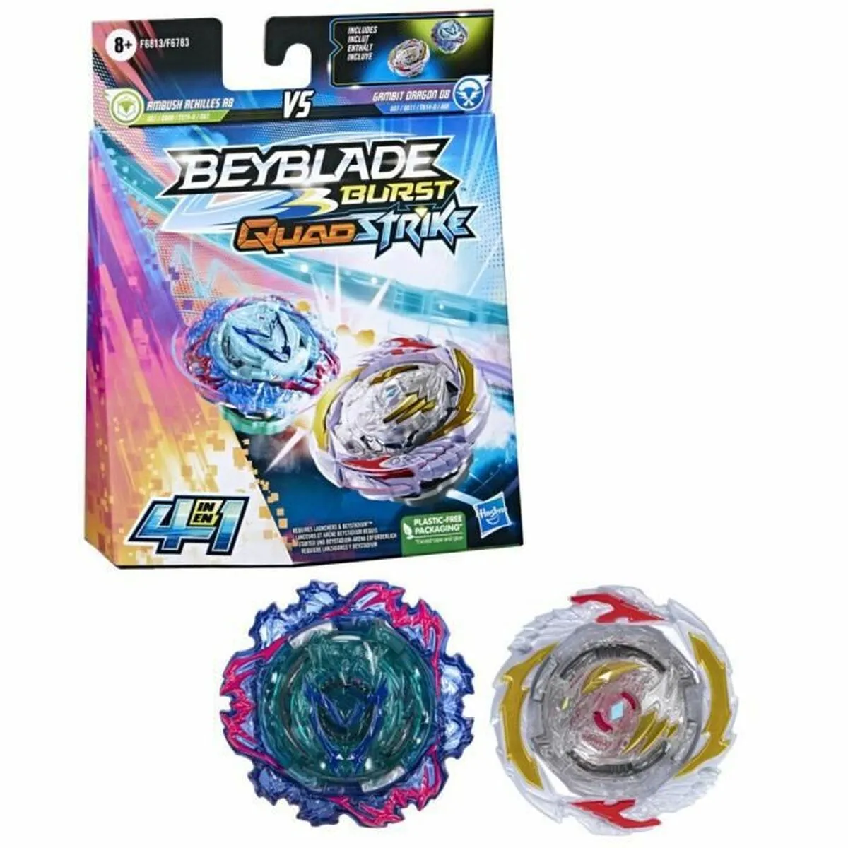 Trottola Hasbro Ambush Achilles A8 VS Gambit Dragon D8 Beyblade 2 Unità