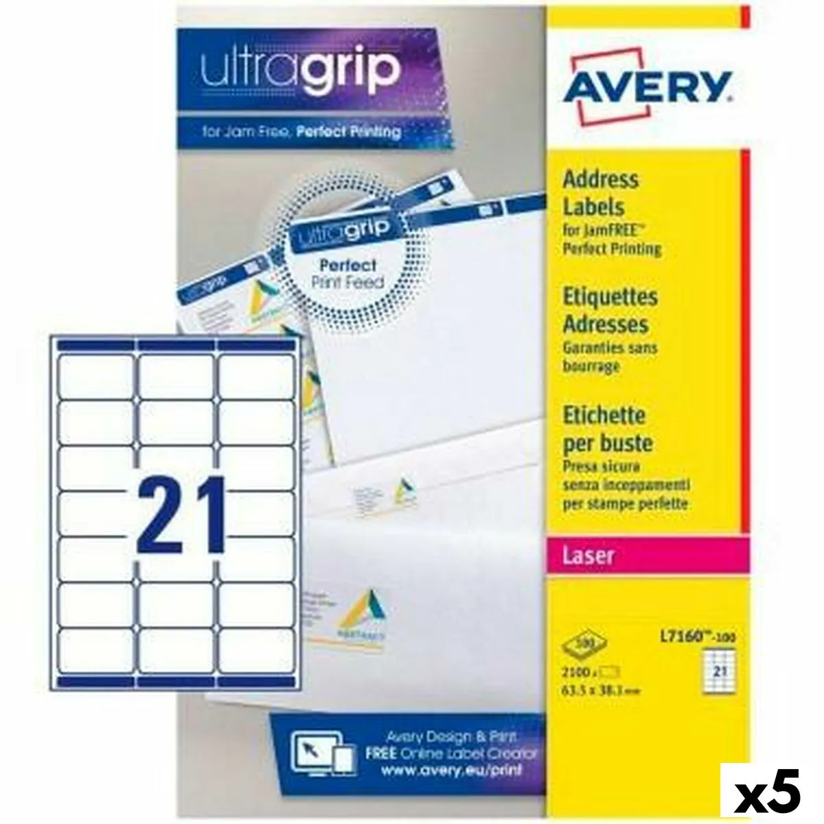 Etichette per Stampante Avery L7160 Bianco 100 fogli 63,5 x 38,1 mm (5 Unità)