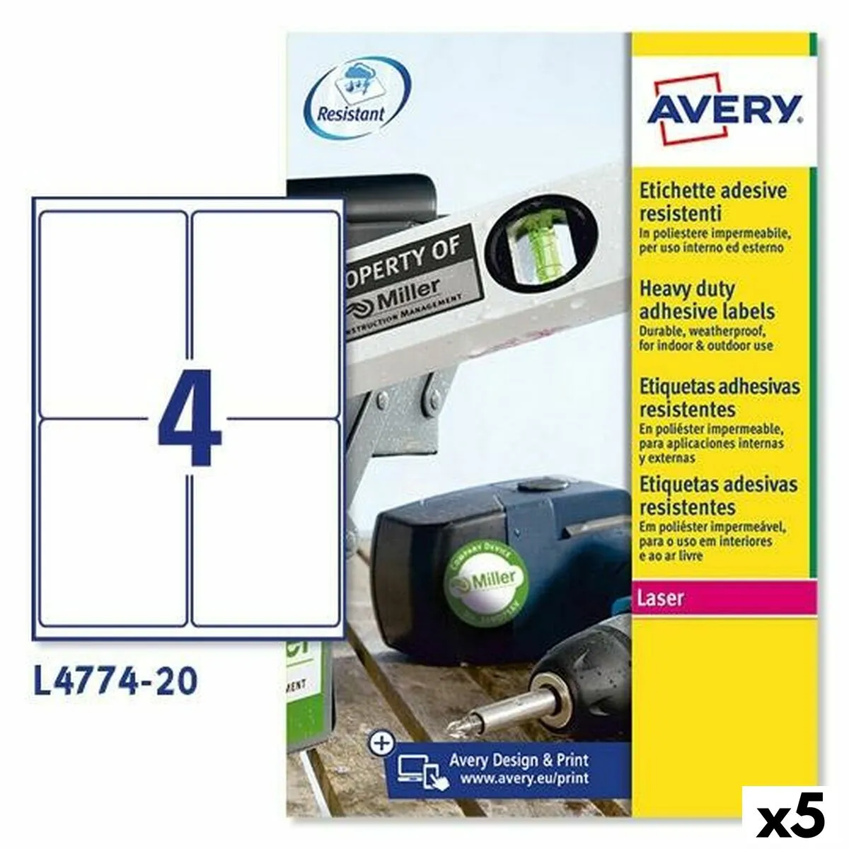 Etichette per Stampante Avery L4774 Bianco 20 Fogli 99,1 x 139 mm (5 Unità)