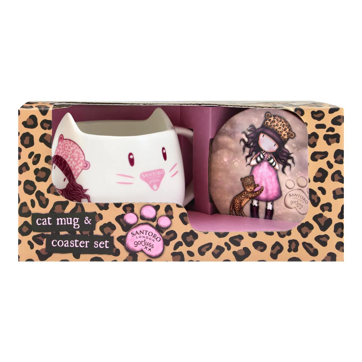 Set Gorjuss Purrrrrfect love Tazza Sottobicchieri 2 Pezzi Ceramica Leopardo