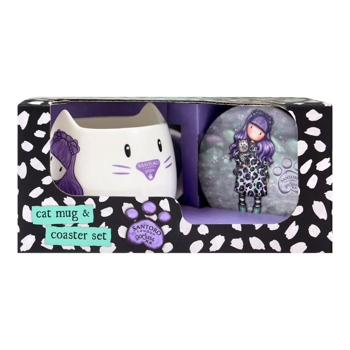 Set Gorjuss Smitten kitten Tazza Sottobicchieri 2 Pezzi Ceramica Nero Bianco