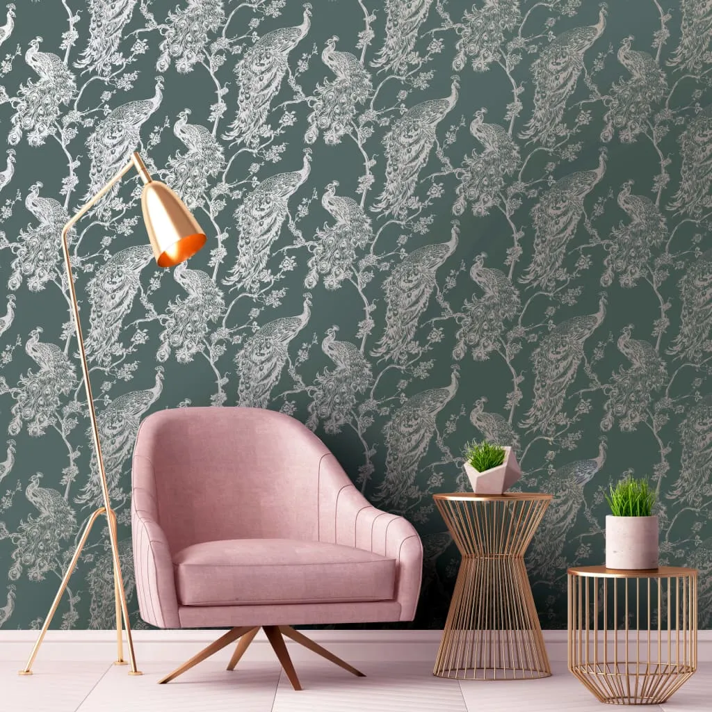 DUTCH WALLCOVERINGS Carta da Parati Pavone Verde e Argento