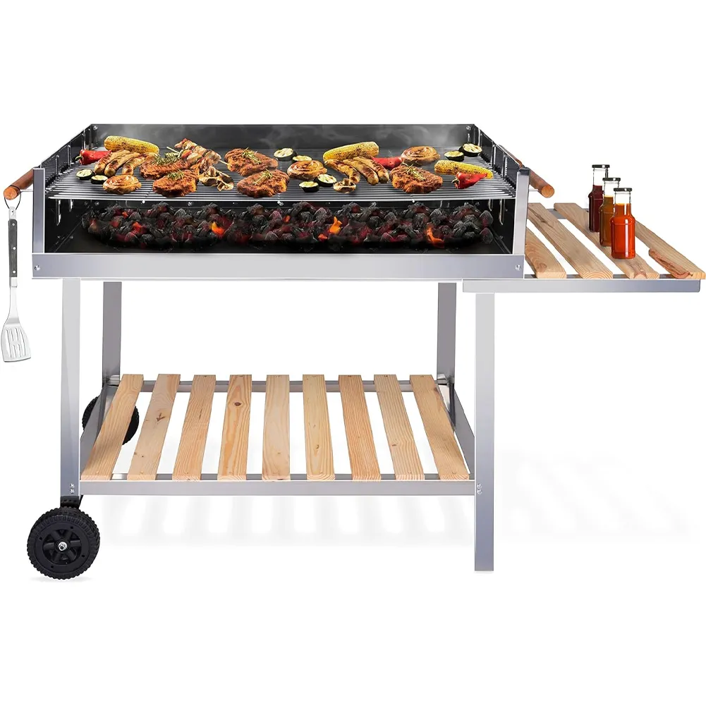 Barbecue Trolley Maxi in Acciaio e Legno Bbq Braciere Portatile Ripiani Giardino (1)