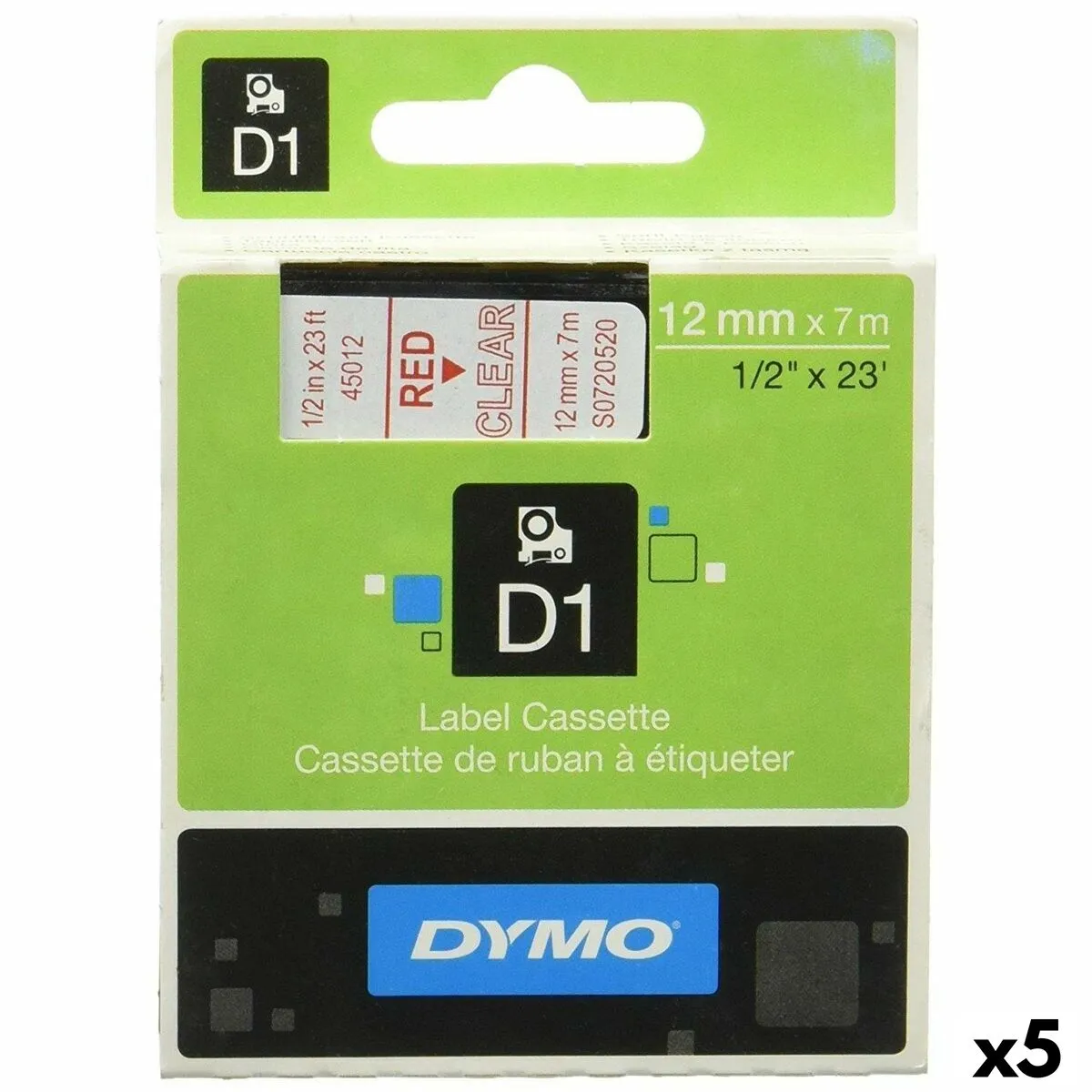 Nastro Laminato per Etichettatrici Dymo D1 45012 12 mm LabelManager™ Trasparente Rosso Nero (5 Unità)