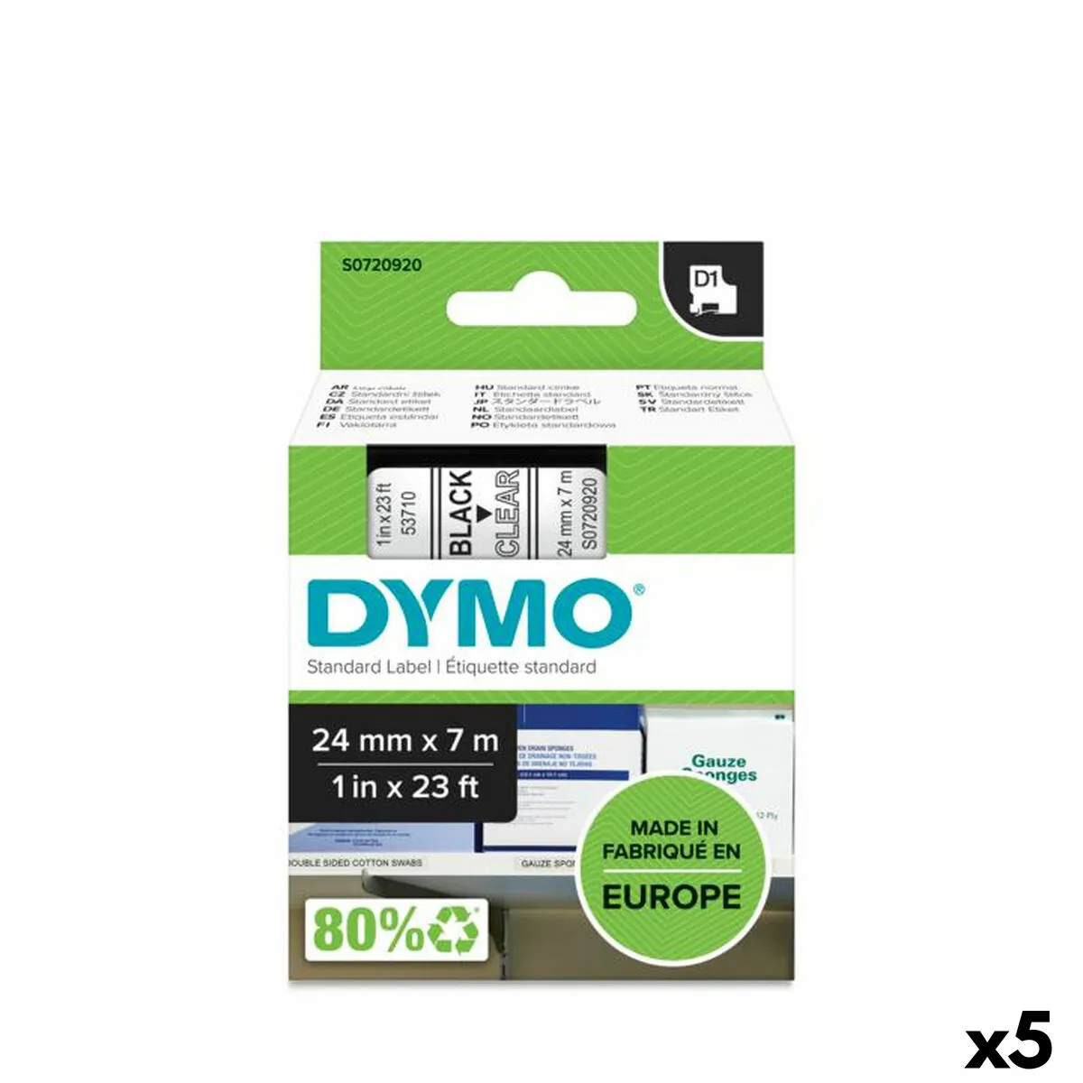 Nastro a trasferimento termico Dymo D1 53710 Poliestere Trasparente Nero 24 mm (5 Unità)