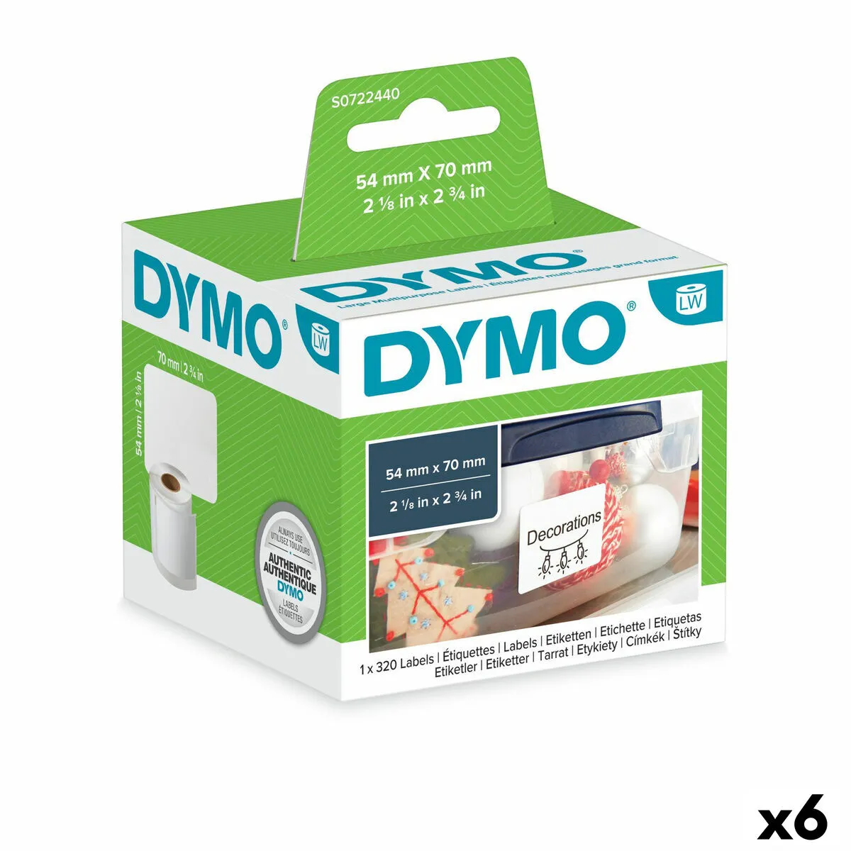 Rotolo di Etichette Dymo S0722440 54 x 70 mm LabelWriter™ Bianco (6 Unità)