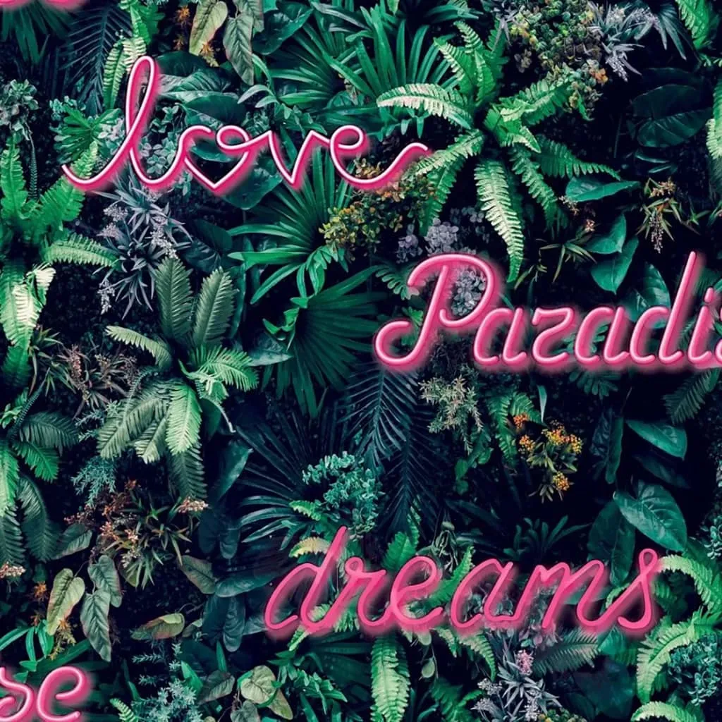 Good Vibes Carta da Parati Neon Letter with Plants Verde e Rosa