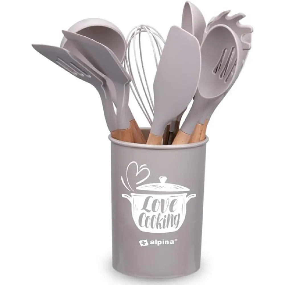 Set Utensili da Cucina Tortora e Supporto 12 Pezzi Utensili Silicone Manico Legno (1)