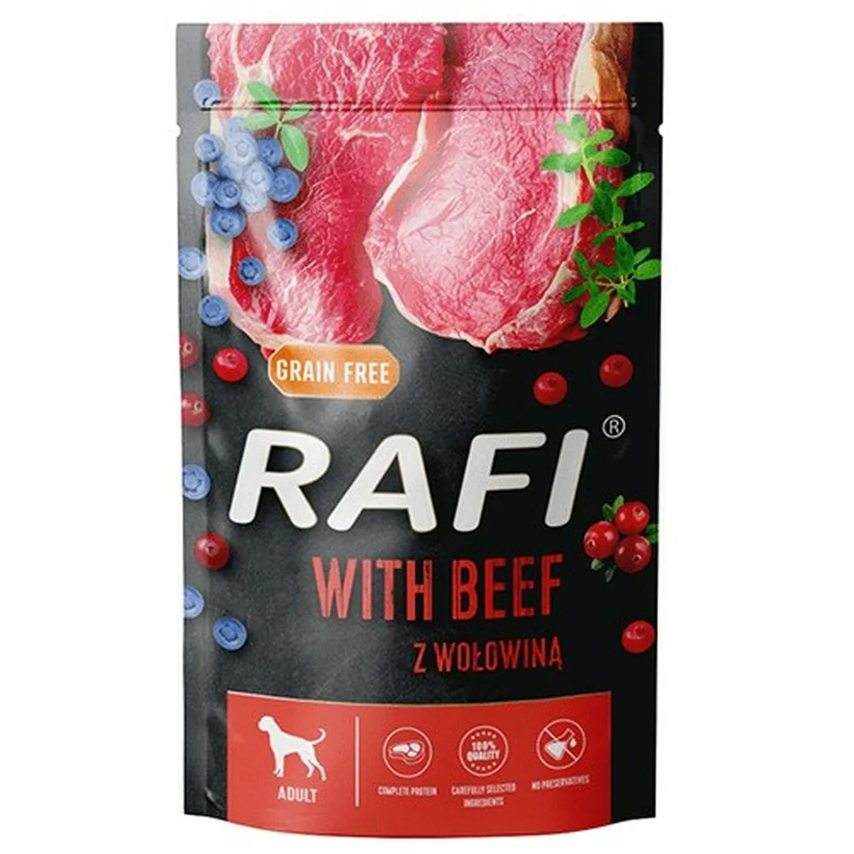 Cibo umido Dolina Noteci Rafi Mirtillo Carne di vitello 500 g