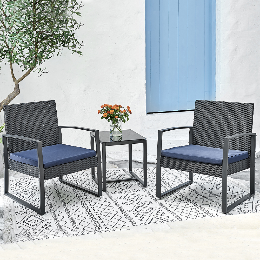 Set 3 Pezzi Polyrattan per Giardino con 2 Poltrone 1 Tavolo Nero e Blu Bistrot (1)