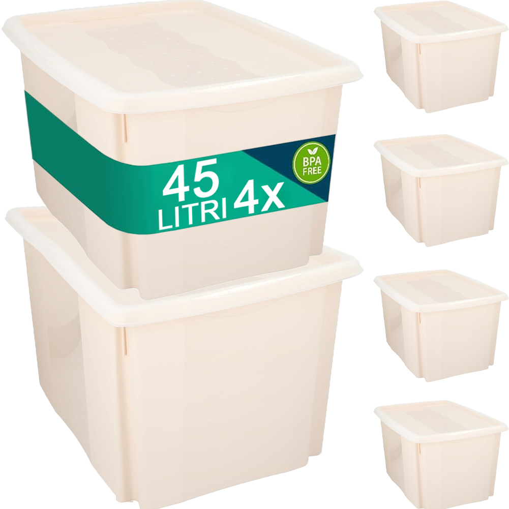 Set Scatole 4x45 L Portaoggetti Beige Plastica Cassetto Contenitore Salvaspazio (1)