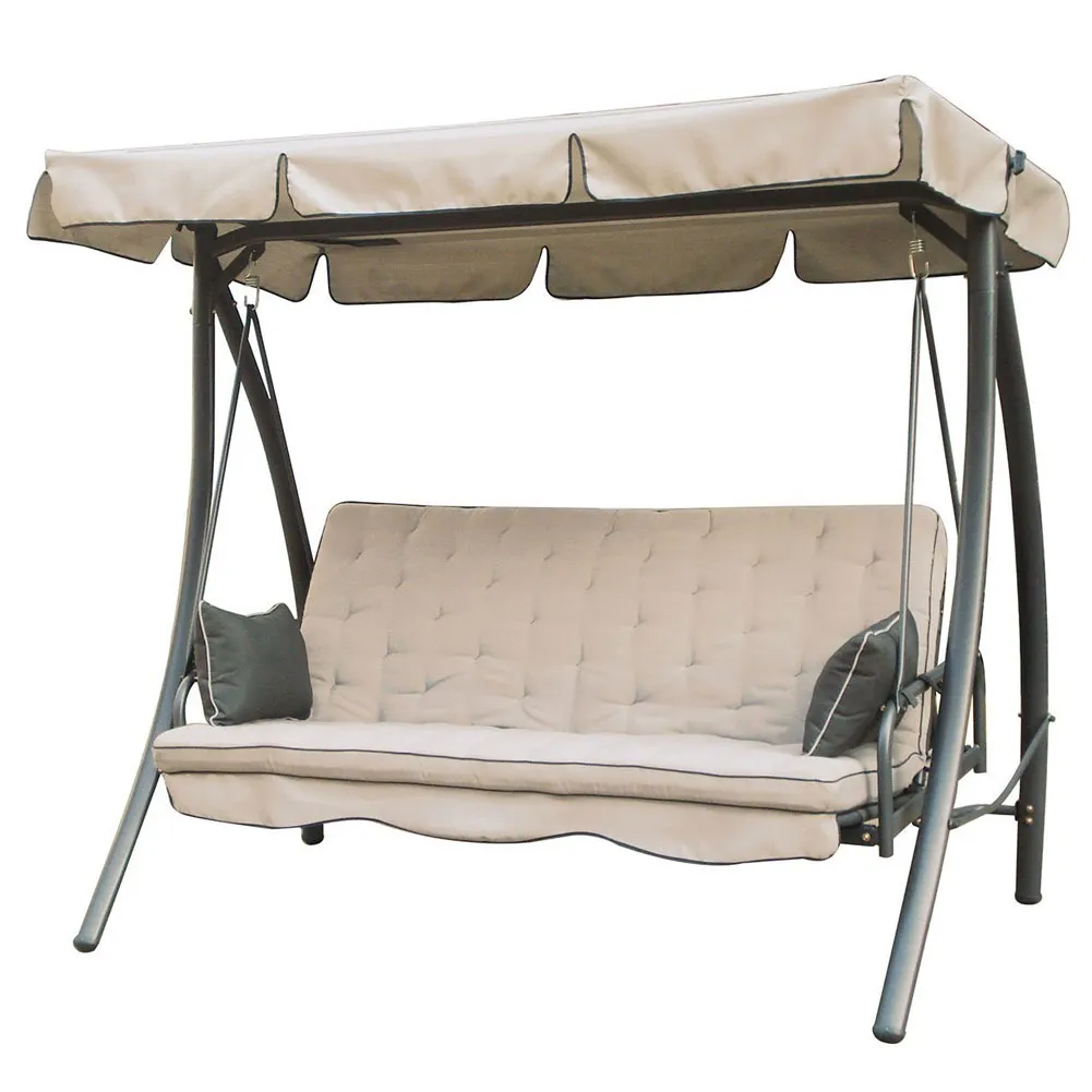 Dondolo Grande Giardino 3 Posti Reclinabile Letto Altalena Panama Tessuto Beige (1)