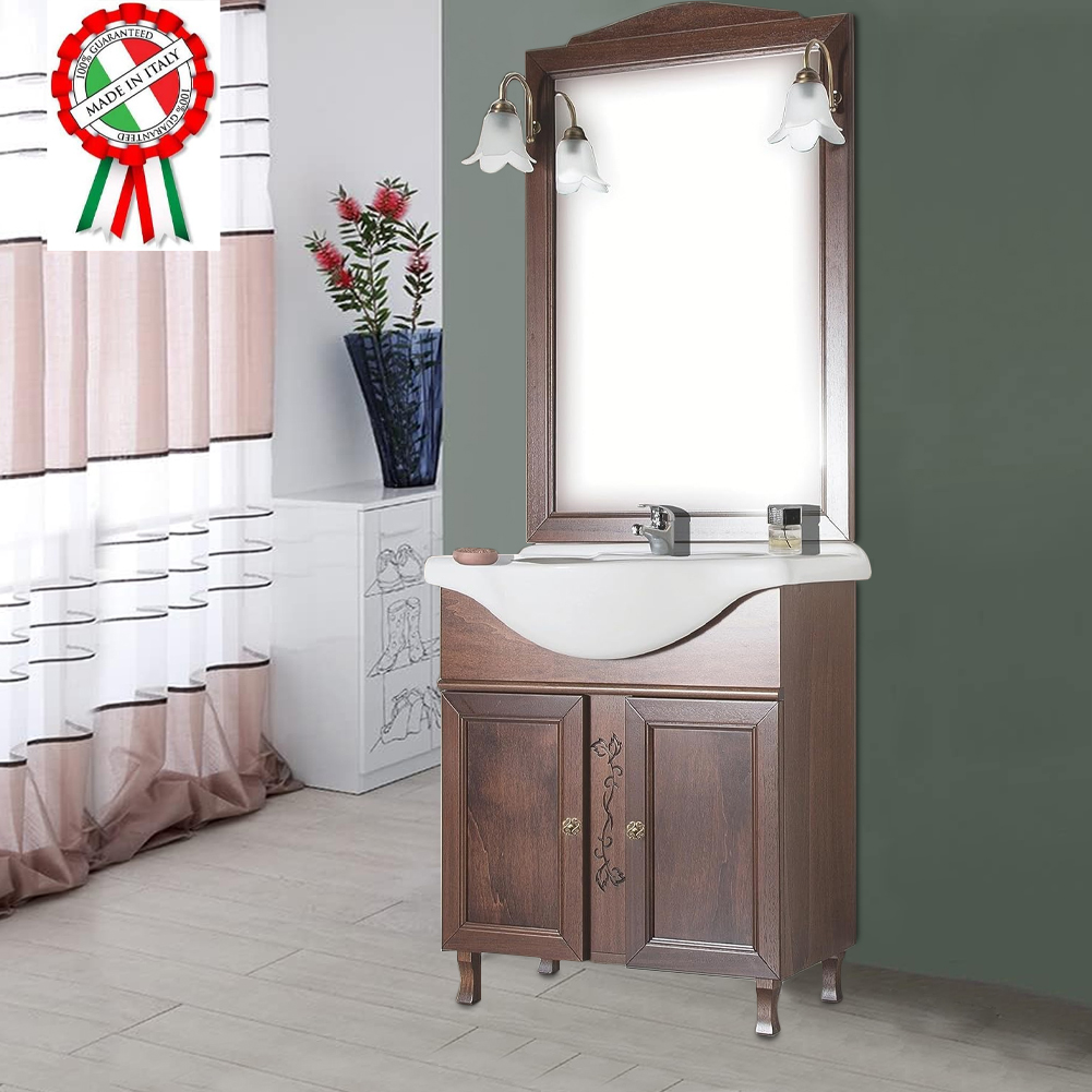 Mobile Da Bagno Noce Completo Modello Giada Ante Lisce 75cm Legno con Specchio (1)