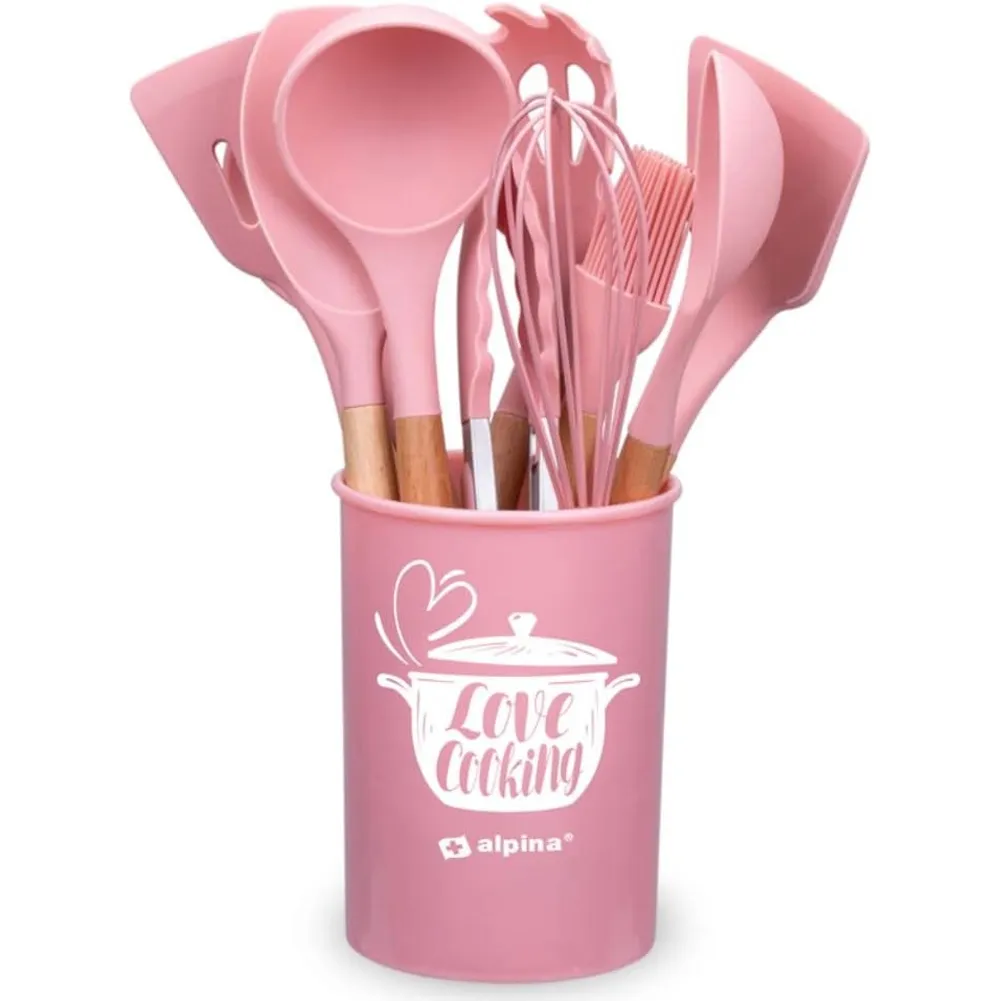 x Set Utensili da Cucina Rosa e Supporto 12 Pezzi Utensili Silicone Manico Legno (1)