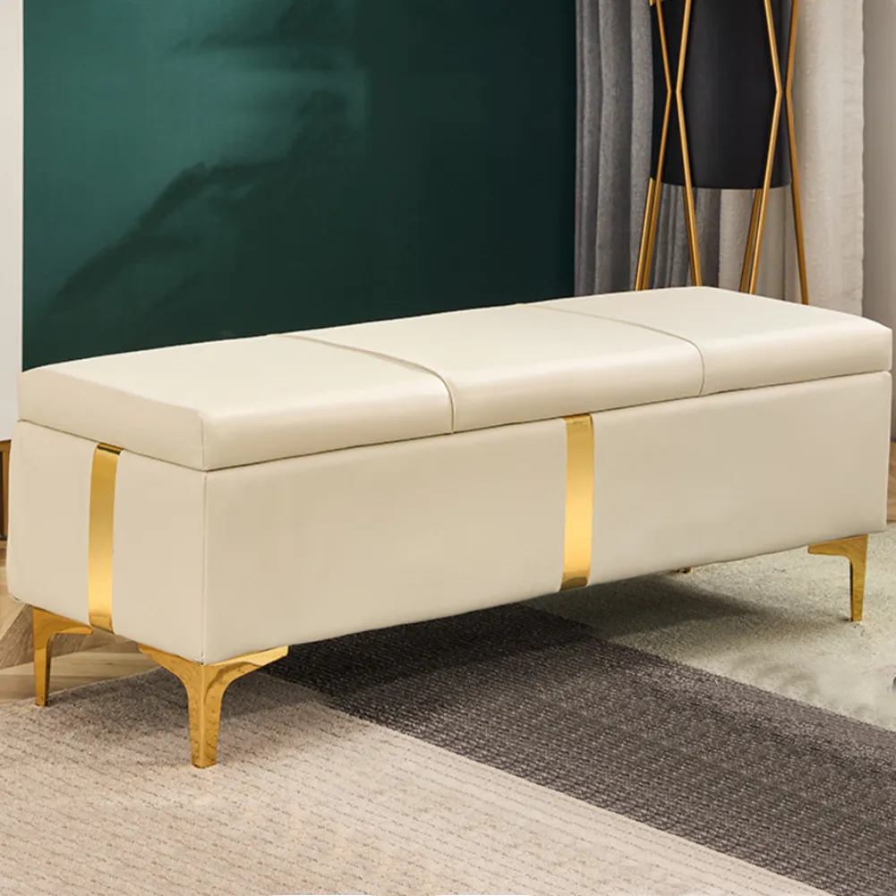 Cassapanca Contenitore Beige in Ecopelle con Piedini in Metallo Oro Panca Pouf (1)