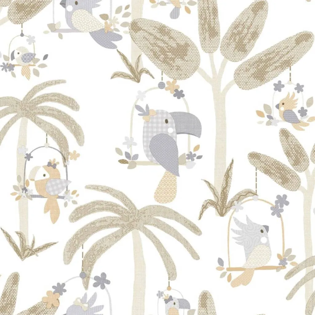 Noordwand Carta Parati Mondo baby Animals Birds Trees Bianco e Beige