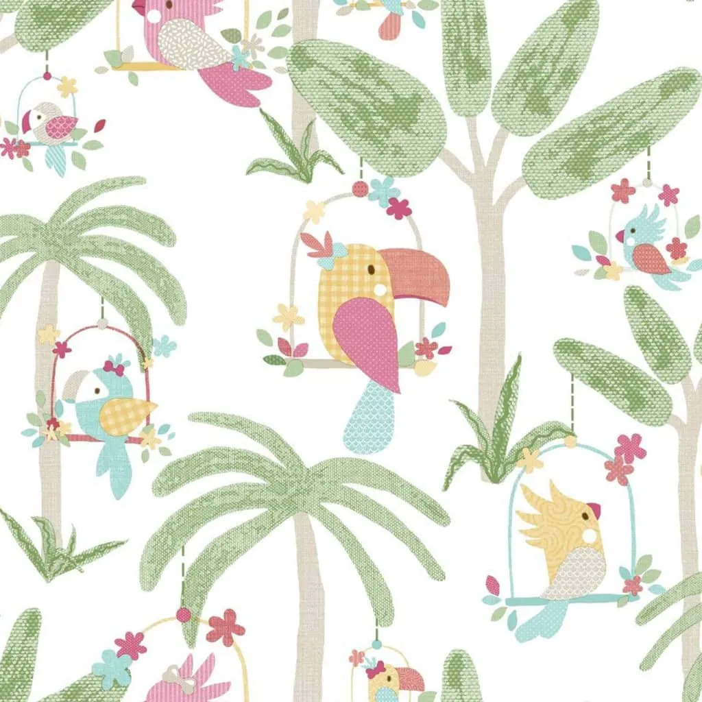 Noordwand Carta da Parati Mondo baby Animals Birds Trees Verde e Rosa