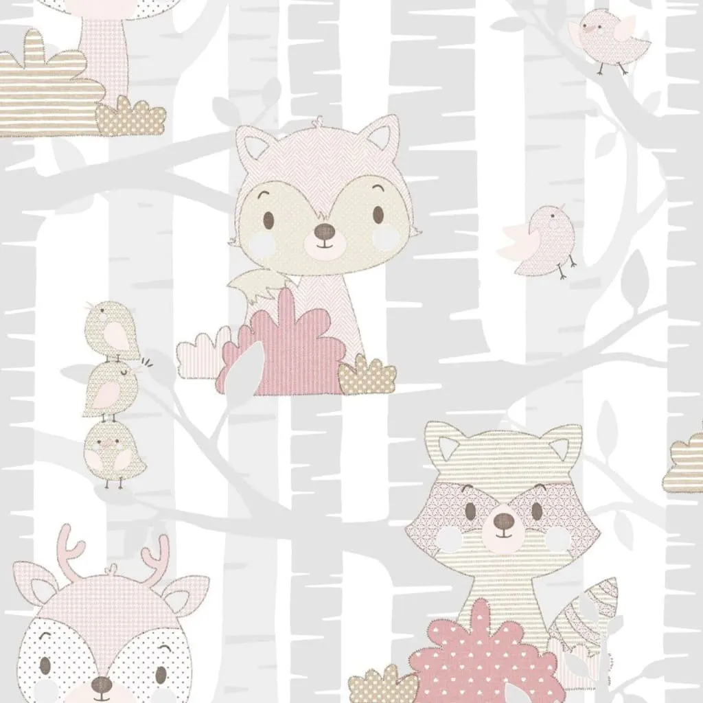 Noordwand Carta da Parati Mondo baby Forest Animals Grigio e Rosa