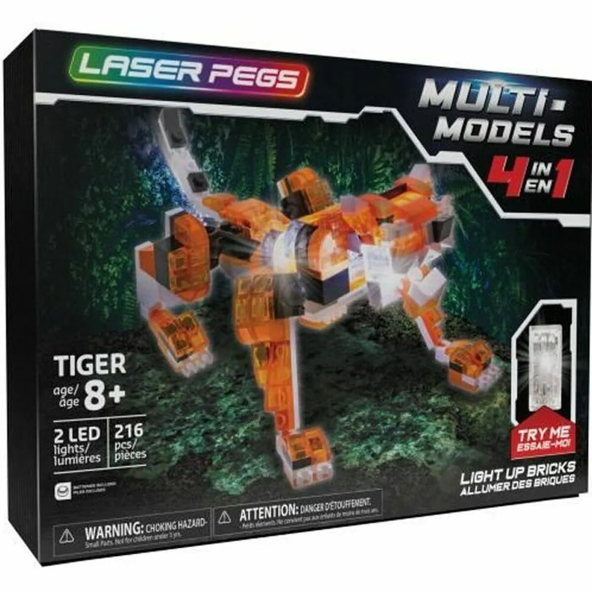 Statuetta Articolata Laser Pegs Red Tiger - 4 in 1 + 8 Anni Luce LED 216 Pezzi