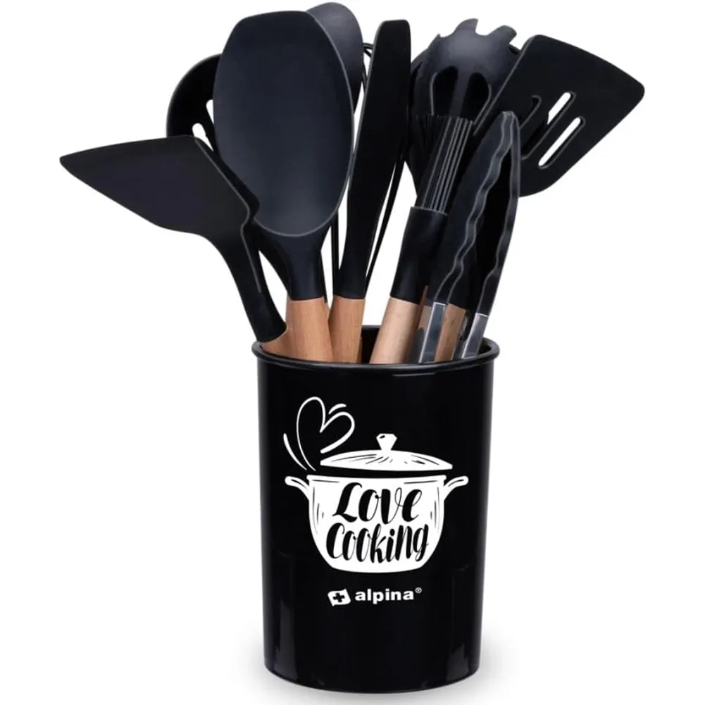 Set Utensili da Cucina Nero e Supporto 12 Pezzi Utensili Silicone Manico Legno (1)