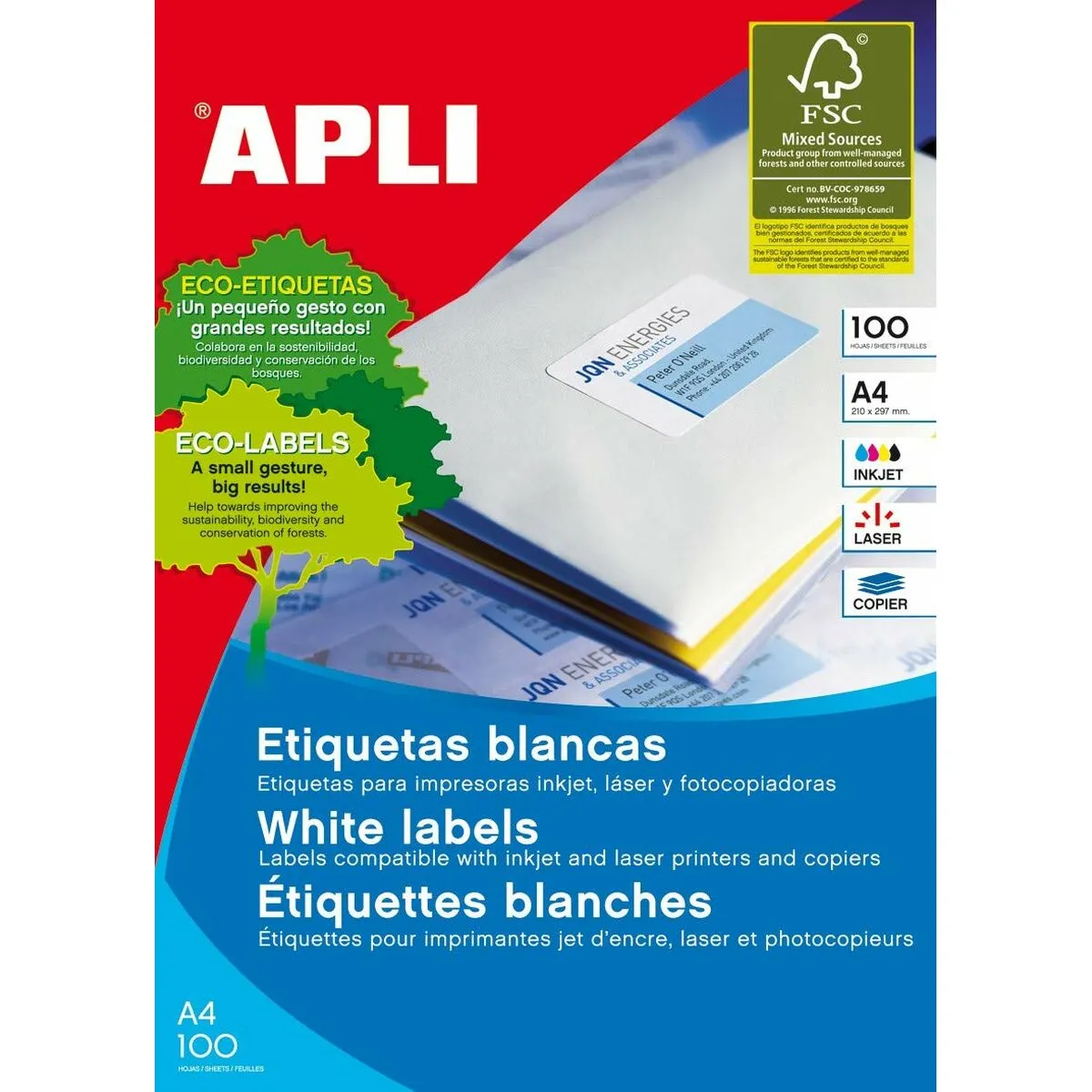 Etichette adesive Apli 1270 100 fogli 70 x 25,4 mm Bianco