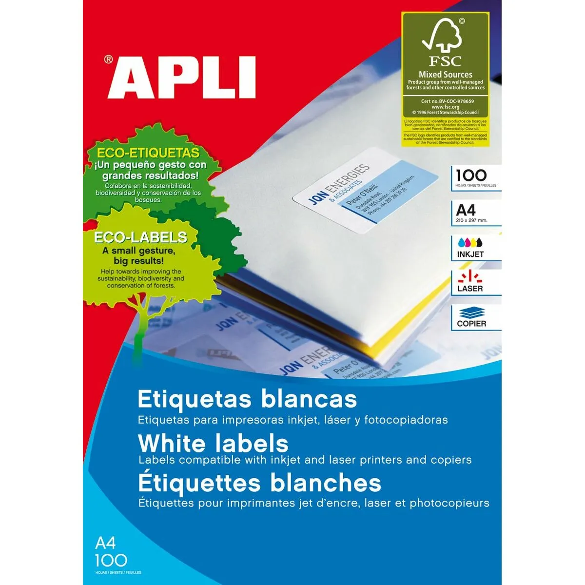 Etichette adesive Apli 70 x 37 mm 100 fogli Bianco