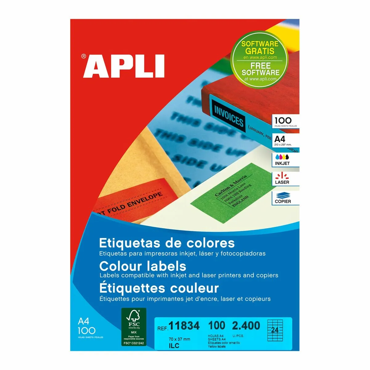 Etichette adesive Apli 100 fogli Fluoro 70 x 37 mm Giallo