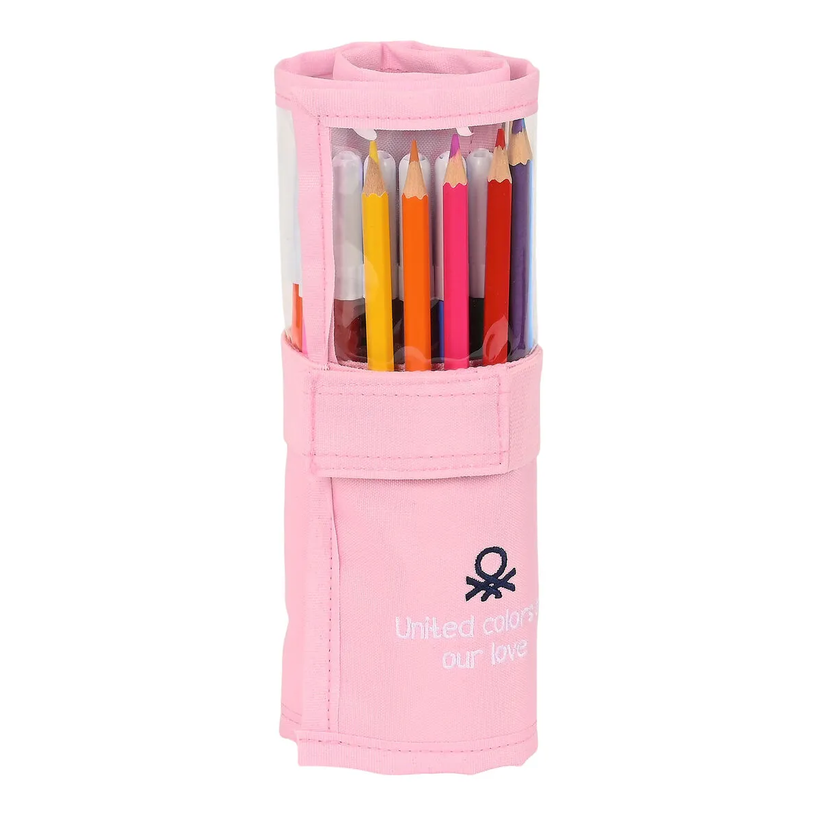 Astuccio per la Scuola con Accessori Benetton Vichy Pieghevoli Rosa (27 Pezzi)