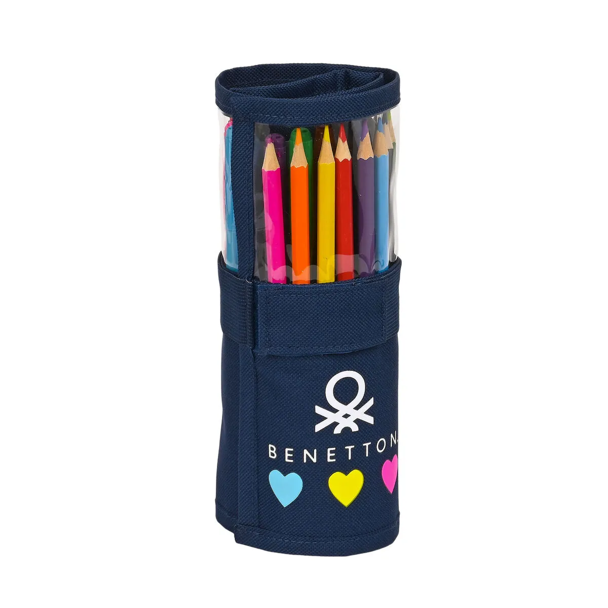 Astuccio per la Scuola con Accessori Benetton Love Blu Marino (27 Pezzi) (7 x 20 x 7 cm)