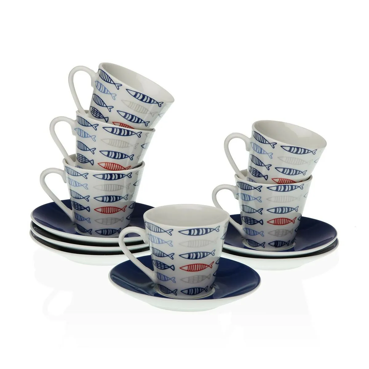 Set di Tazze e Piatti Versa Caffè Pesci Porcellana (12 Pezzi)