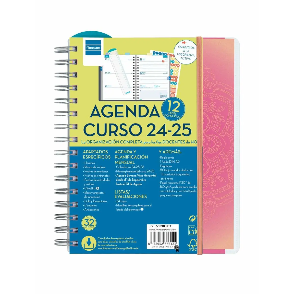 Agenda Finocam Mandala Multicolore Quarto 15,5 x 21,2 cm 2024-2025 Insegnante