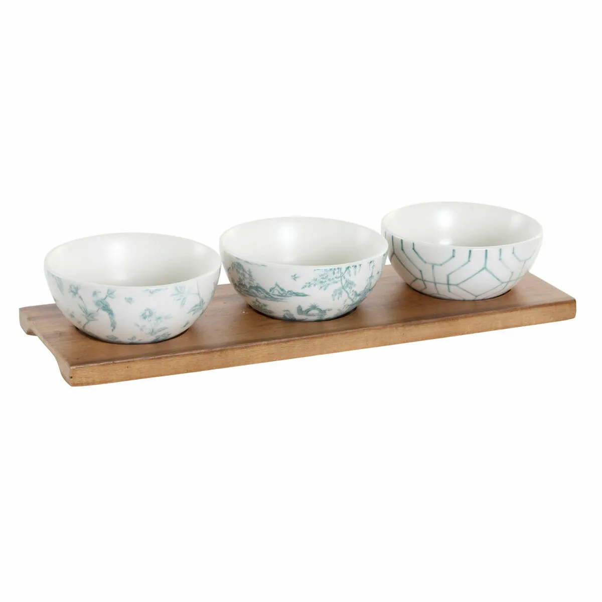 Set da Aperitivo DKD Home Decor Bianco Blu Marino Porcellana Acacia Plastica Orientale 4 Pezzi 30 x 9,5 x 1,3 cm