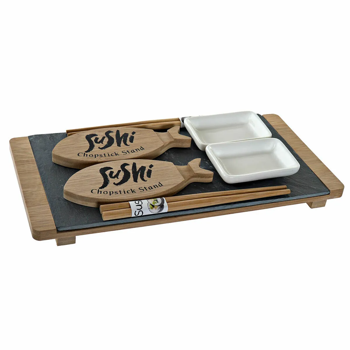 Set per Sushi DKD Home Decor Nero Naturale Ceramica Bambù Plastica Lavagna Orientale 30 x 15 x 4 cm (9 Pezzi)