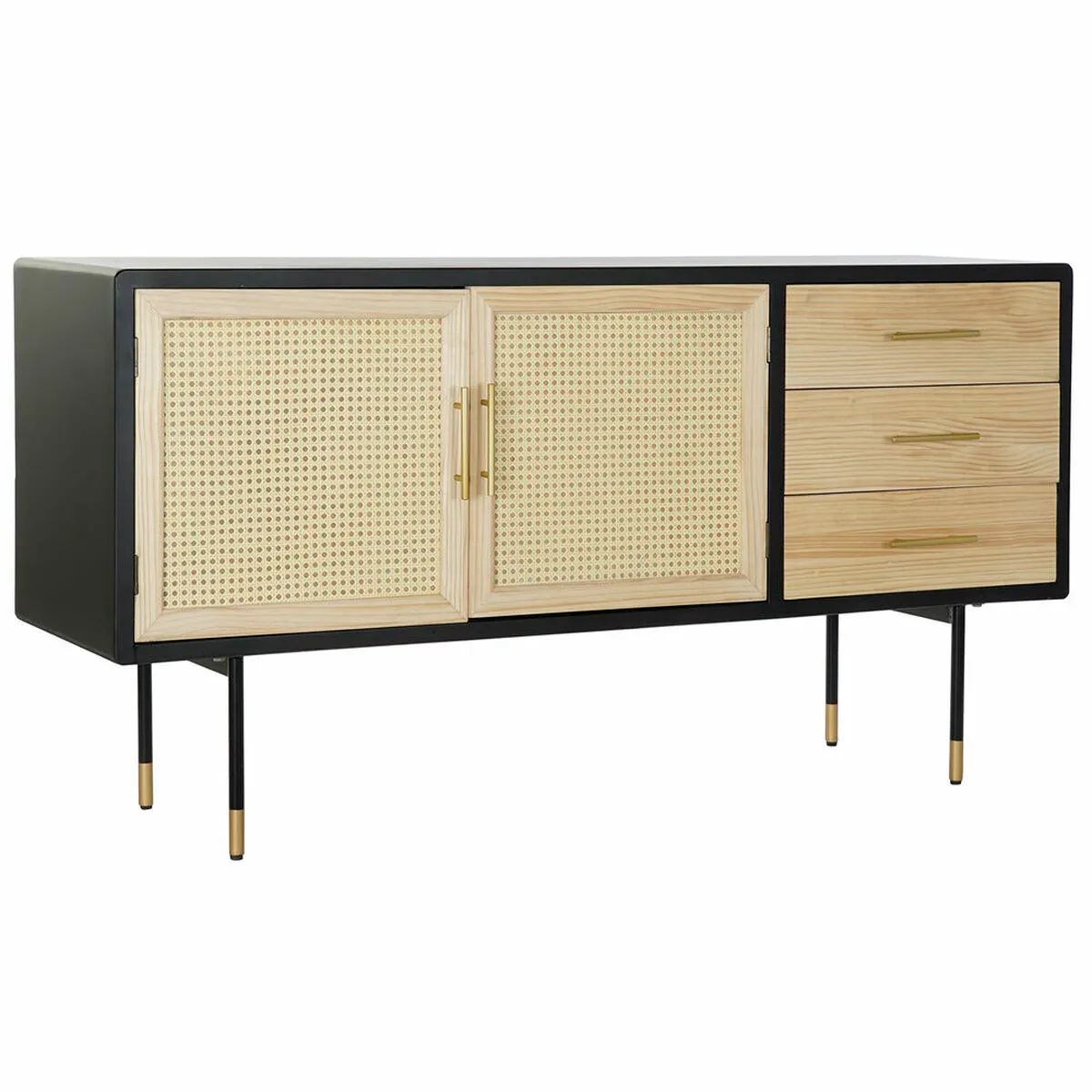 Credenza DKD Home Decor Nero Dorato Naturale Rattan Pino 150 x 44 x 76 cm