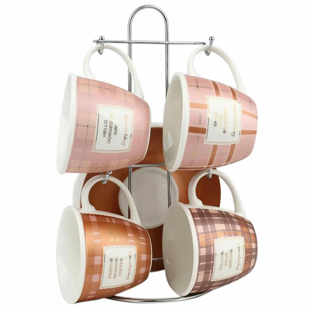 Set di Tazze da Caffè DKD Home Decor Rosa Metallo Marrone Bianco 210 ml 4 Pezzi