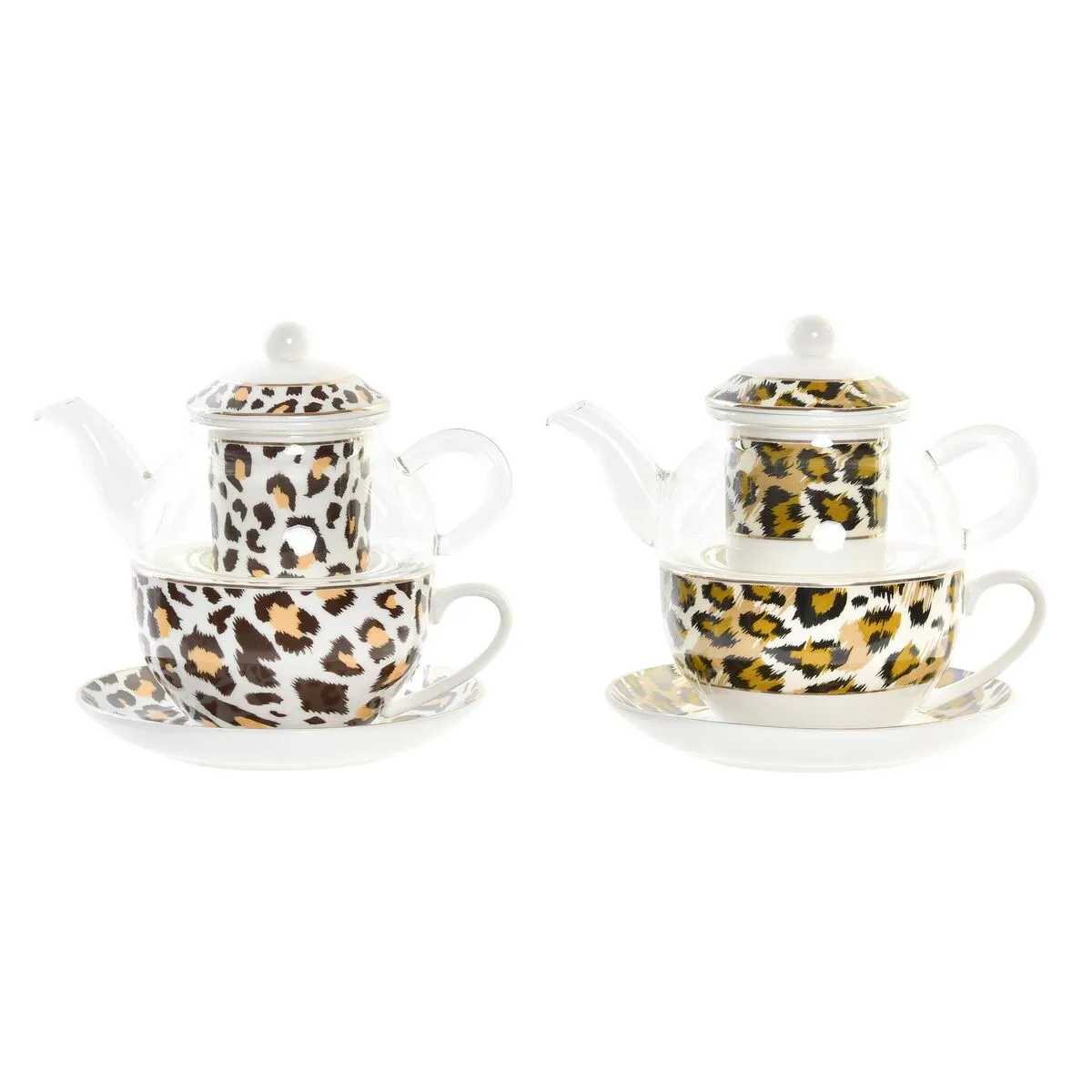 Teiera DKD Home Decor Leopardo Cristallo Porcellana Marrone Trasparente Bianco (2 Unità)