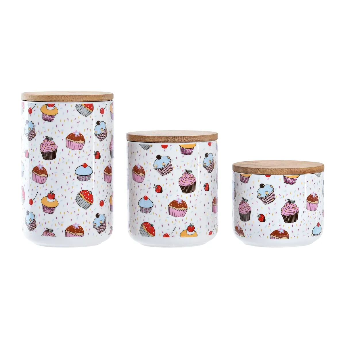 Set di 3 Barattoli DKD Home Decor Naturale Bianco Multicolore Bambù Gres 10 x 10 x 17 cm Cupcake