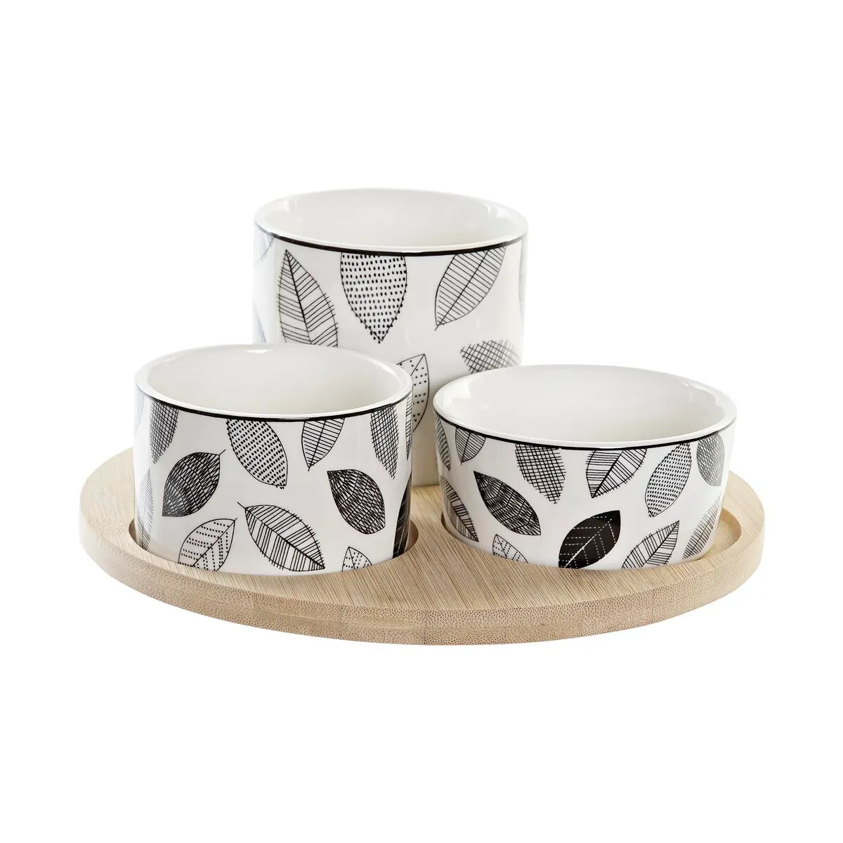 Set da Aperitivo DKD Home Decor Bianco/Nero Bambù Gres Fogli Cottage 3 Pezzi 8 cm 20 x 20 x 8 cm