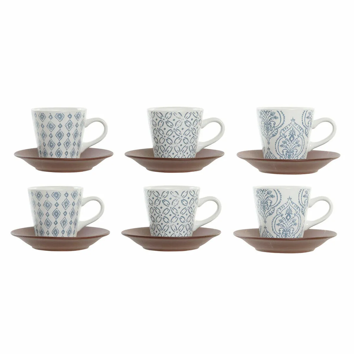 Set di Tazze da Caffè DKD Home Decor Azzurro Marrone Legno d'albero della gomma Bianco Gres 90 ml