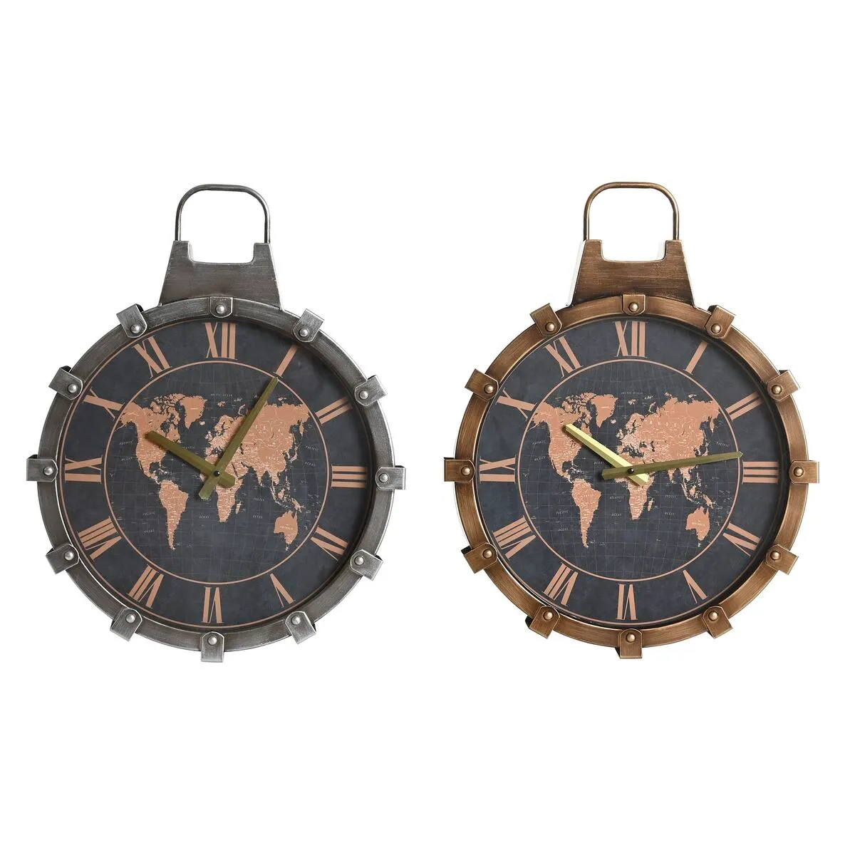 Orologio da Parete DKD Home Decor 42 x 8,5 x 54 cm Cristallo Argentato Dorato Ferro Mappamondo (2 Unità)