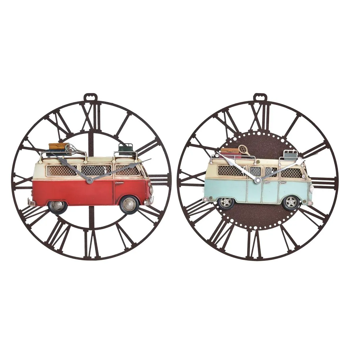 Orologio da Parete DKD Home Decor Furgone 34 x 3,5 x 32,5 cm Rosso Metallo Celeste Vintage (2 Unità)