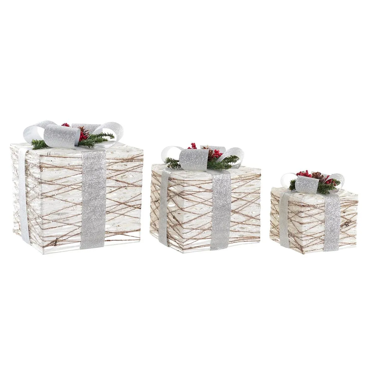 Set di Scatole Decorative DKD Home Decor LED Bianco Argentato 25 x 25 x 28 cm (3 Pezzi)